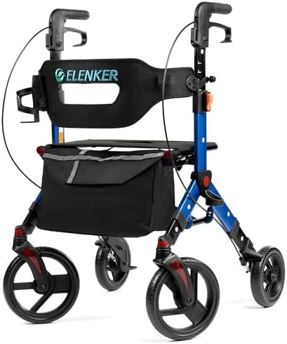 Blue rollator with ten inch wheels and backrest