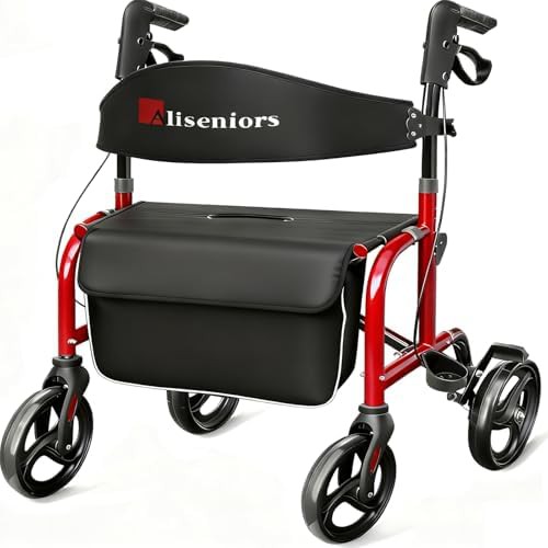 Red bariatric rollator with wide seat
