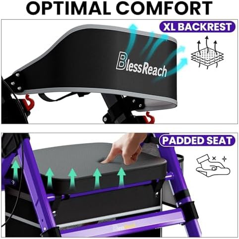 Purple heavy duty steel rollator with seat — photo 3