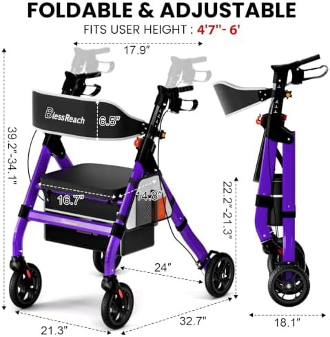 Purple heavy duty steel rollator with seat — photo 4