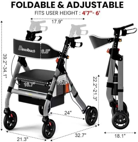 Gray heavy duty steel folding rollator — photo 4