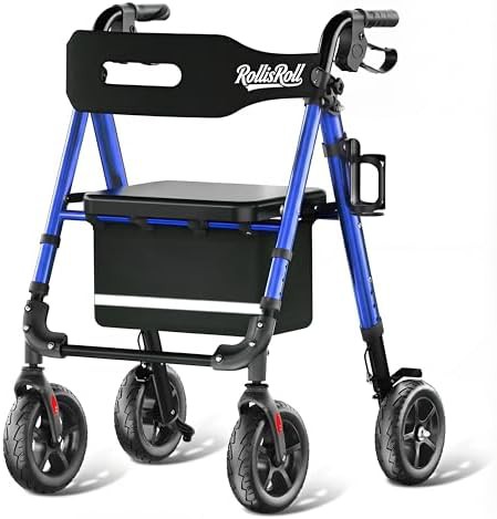 Blue tall aluminum walker with 8 inch wheels