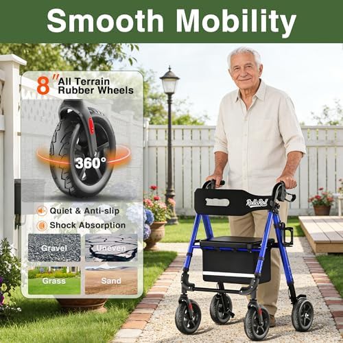 Blue tall aluminum walker with 8 inch wheels — photo 3