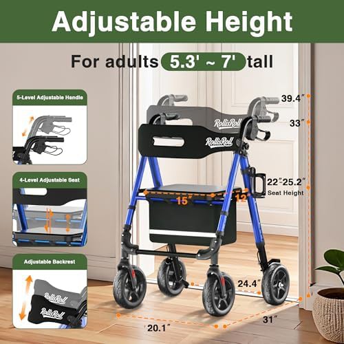 Blue tall aluminum walker with 8 inch wheels — photo 5