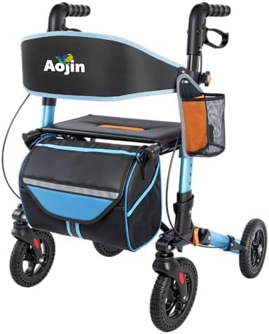 Narrow blue rollator with padded seat