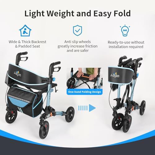 Narrow blue rollator with padded seat — photo 3