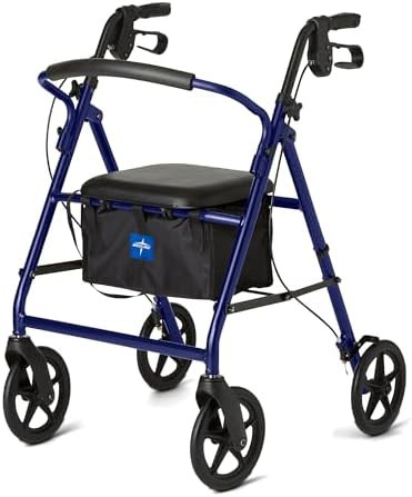 Blue aluminum rollator with eight inch wheels