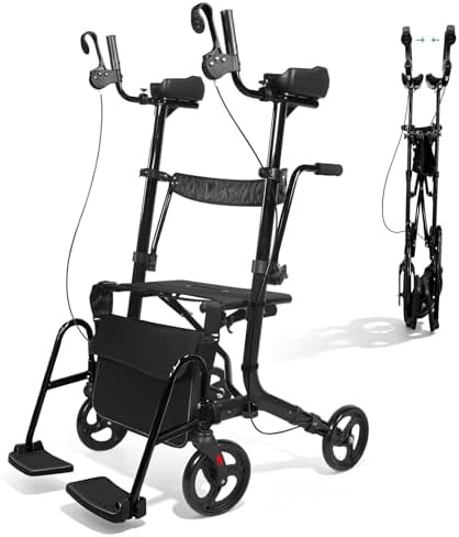 Black upright walker with armrest and pedal