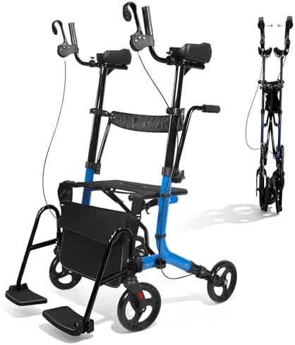 Blue upright walker with armrest and pedal