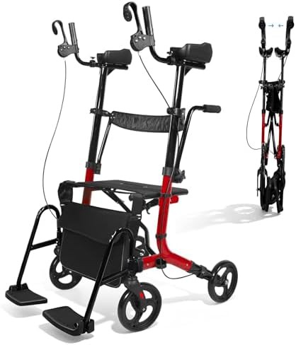 Red upright walker with armrest and pedal