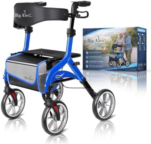Blue aluminum rollator with large wheels
