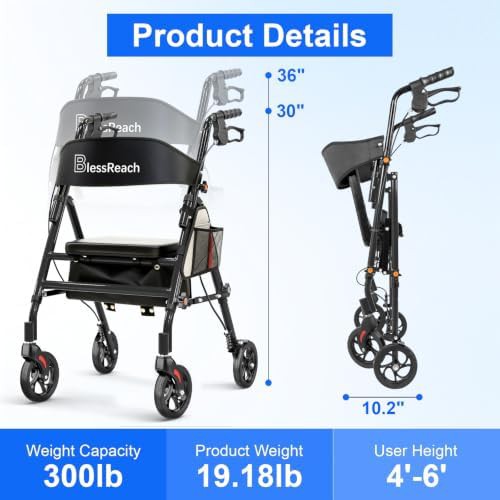 Black lightweight aluminum folding walker with seat — photo 3