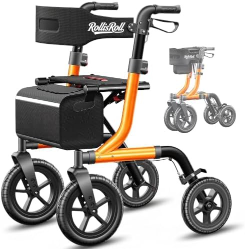 Orange all terrain rollator with large wheels