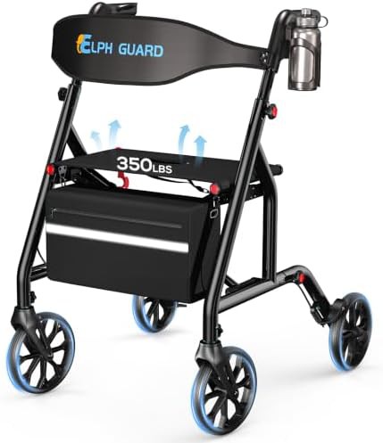 Black foldable rollator with padded seat