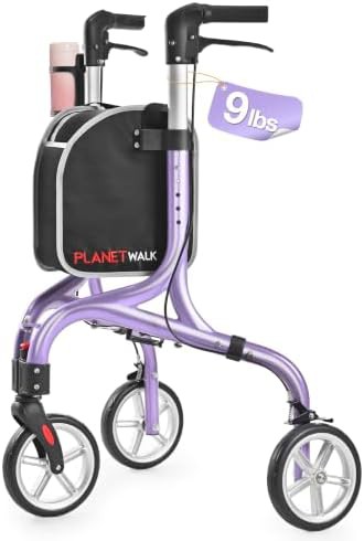 Purple three wheel walker with cup holder