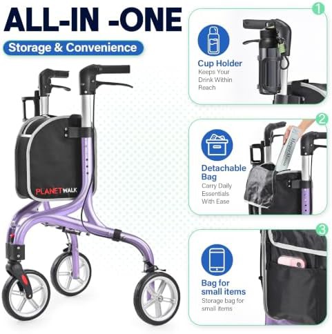 Purple three wheel walker with cup holder — photo 4