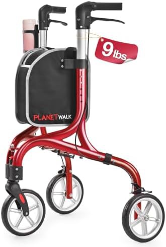 Red three wheel anti tip rollator walker
