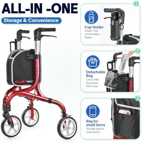 Red three wheel anti tip rollator walker — photo 4