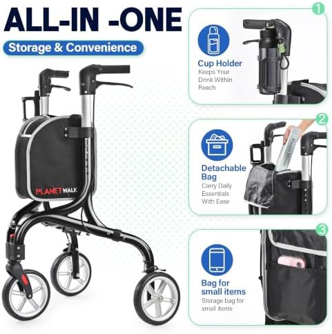 Black three wheel all terrain rollator — photo 4